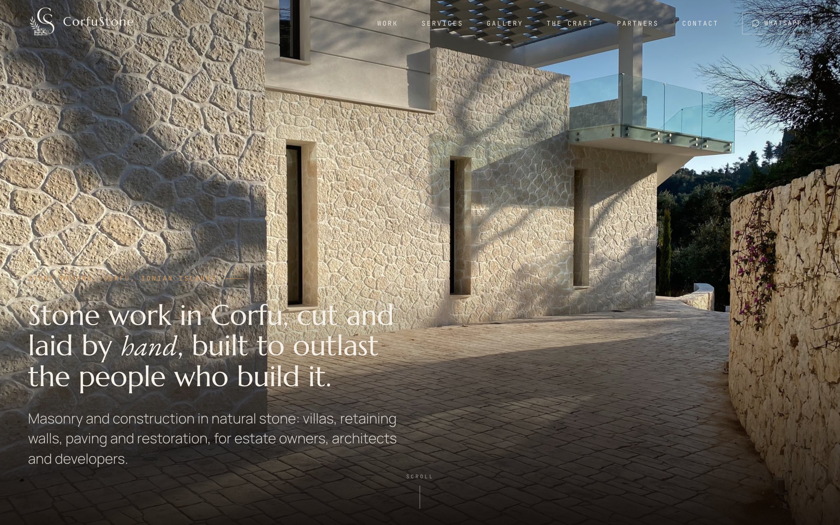 Screenshot of the CorfuStone website — Master stonemasons on Corfu